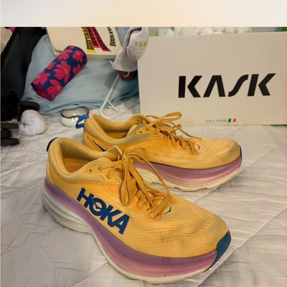 HOKA Yellow and Pink Running Shoes